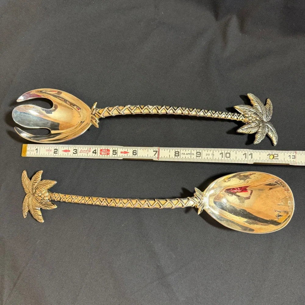 Palm Tree Salad Server Set‎ Godinger Silver Art Co Silver Plated Vintage 13